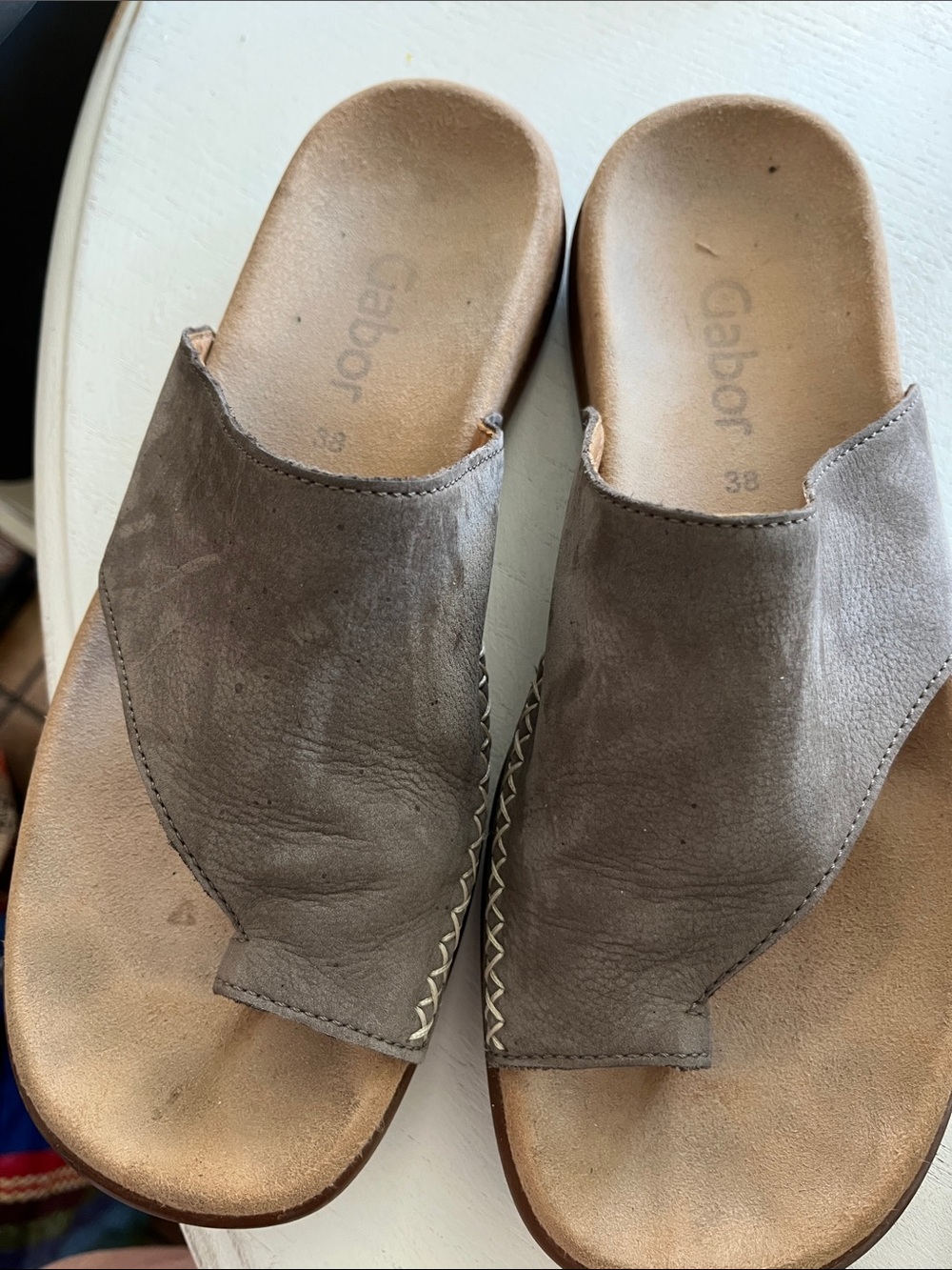 Gabor Lanzarote Leather Taupe Toe Loop Cushioned Mules Slide Sandal 38